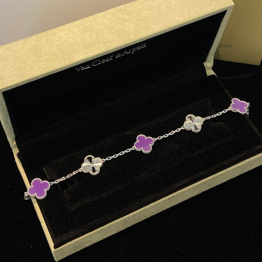 [✨ROSE✨]CLOVER  5 MOTIFS  PURPLE VIOLET BRACELET SILVER