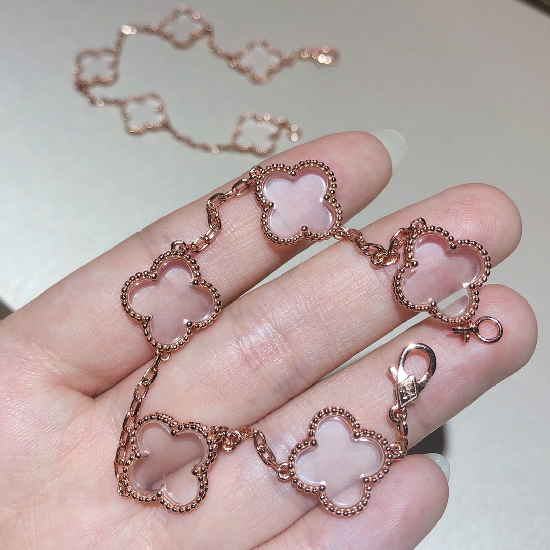 [✨ROSE✨]CLOVER 5 MOTIF ROCK CRYSTAL PINK GOLD BRACELET