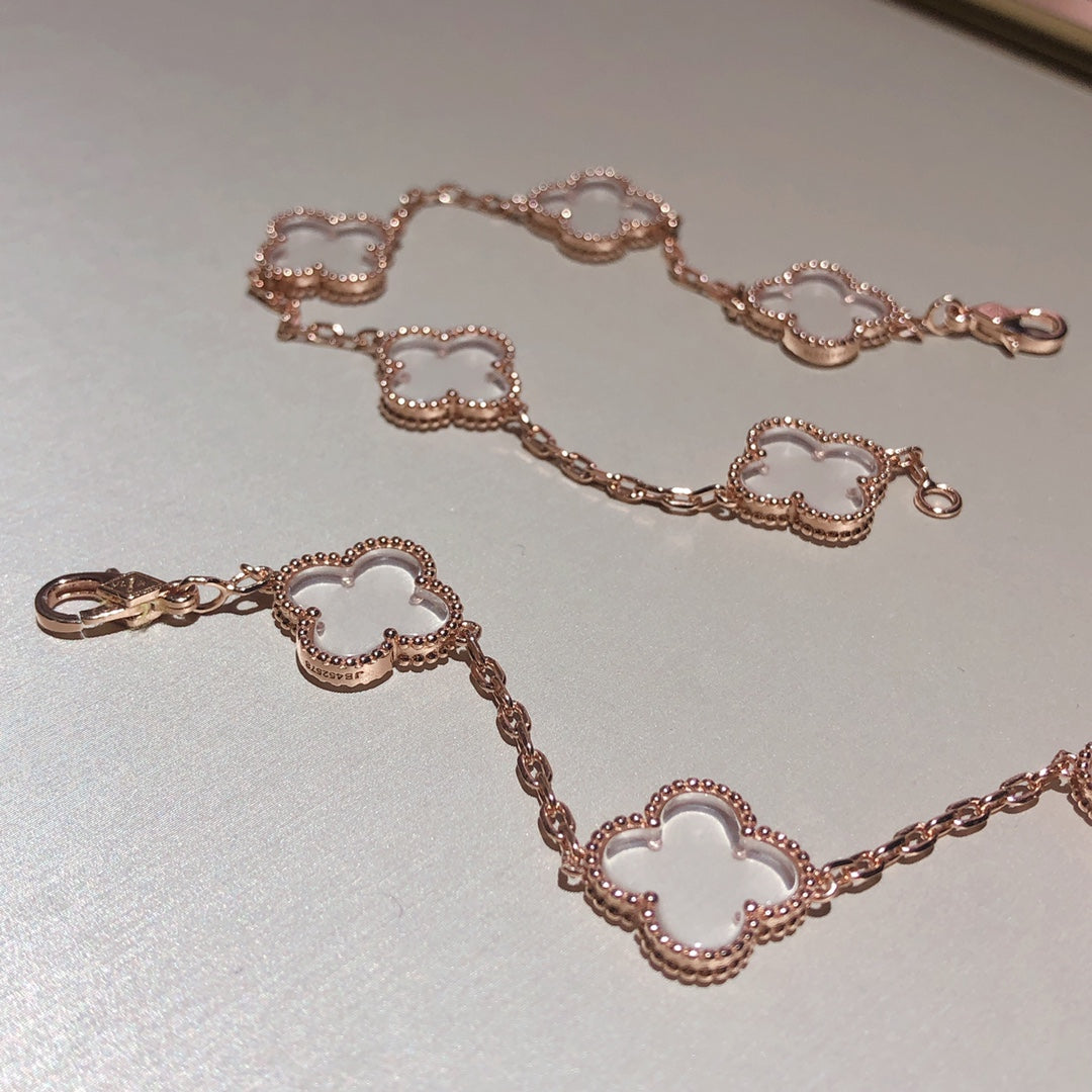 [✨ROSE✨]CLOVER 5 MOTIF ROCK CRYSTAL PINK GOLD BRACELET
