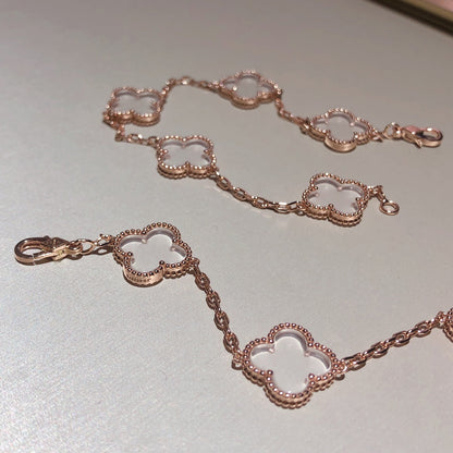 [✨ROSE✨]CLOVER 5 MOTIF ROCK CRYSTAL PINK GOLD BRACELET