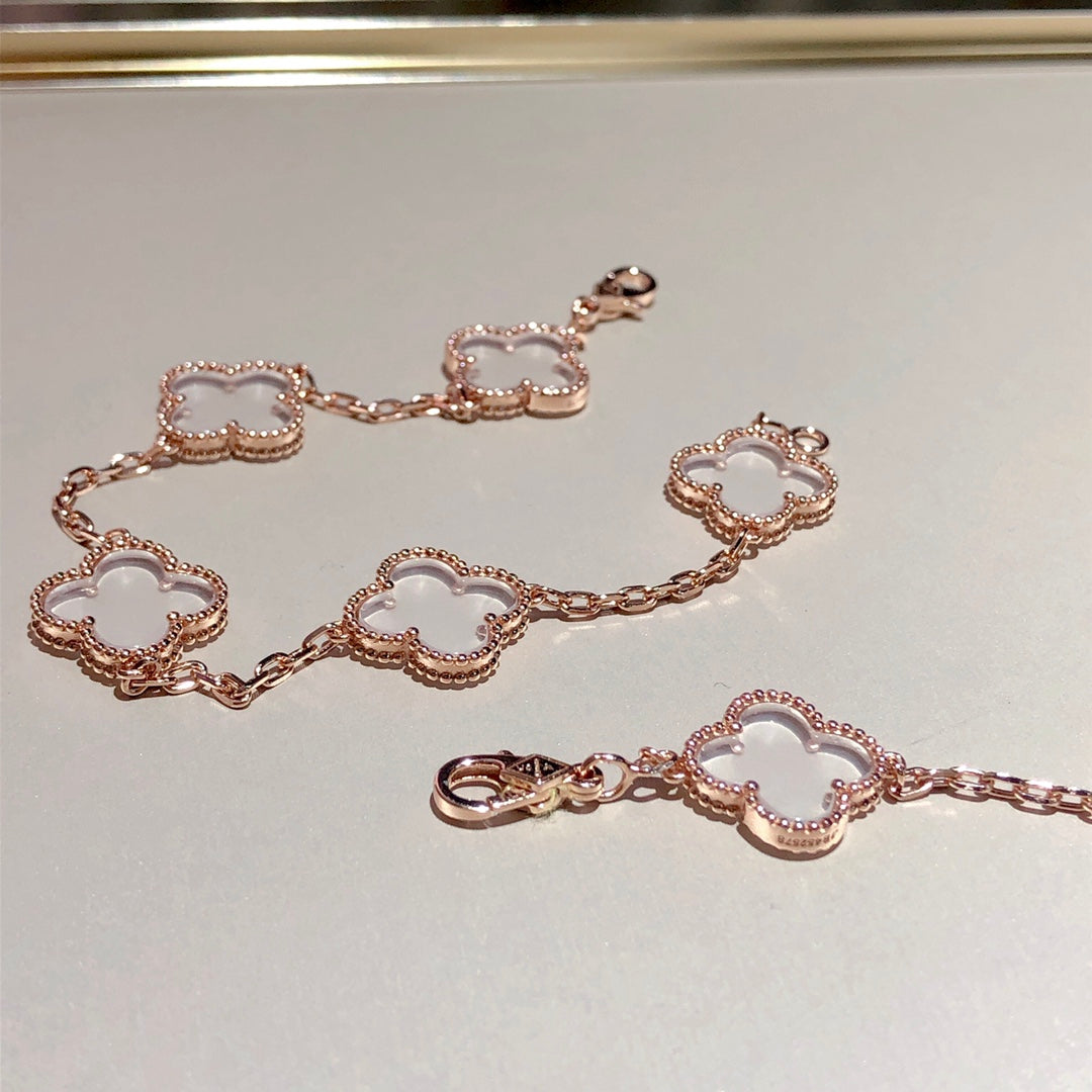 [✨ROSE✨]CLOVER 5 MOTIF ROCK CRYSTAL PINK GOLD BRACELET