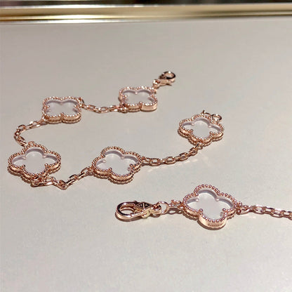 [✨ROSE✨]CLOVER 5 MOTIF ROCK CRYSTAL PINK GOLD BRACELET