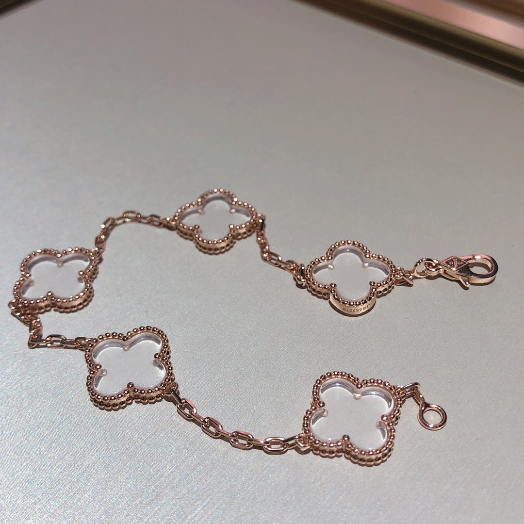 [✨ROSE✨]CLOVER 5 MOTIF ROCK CRYSTAL PINK GOLD BRACELET