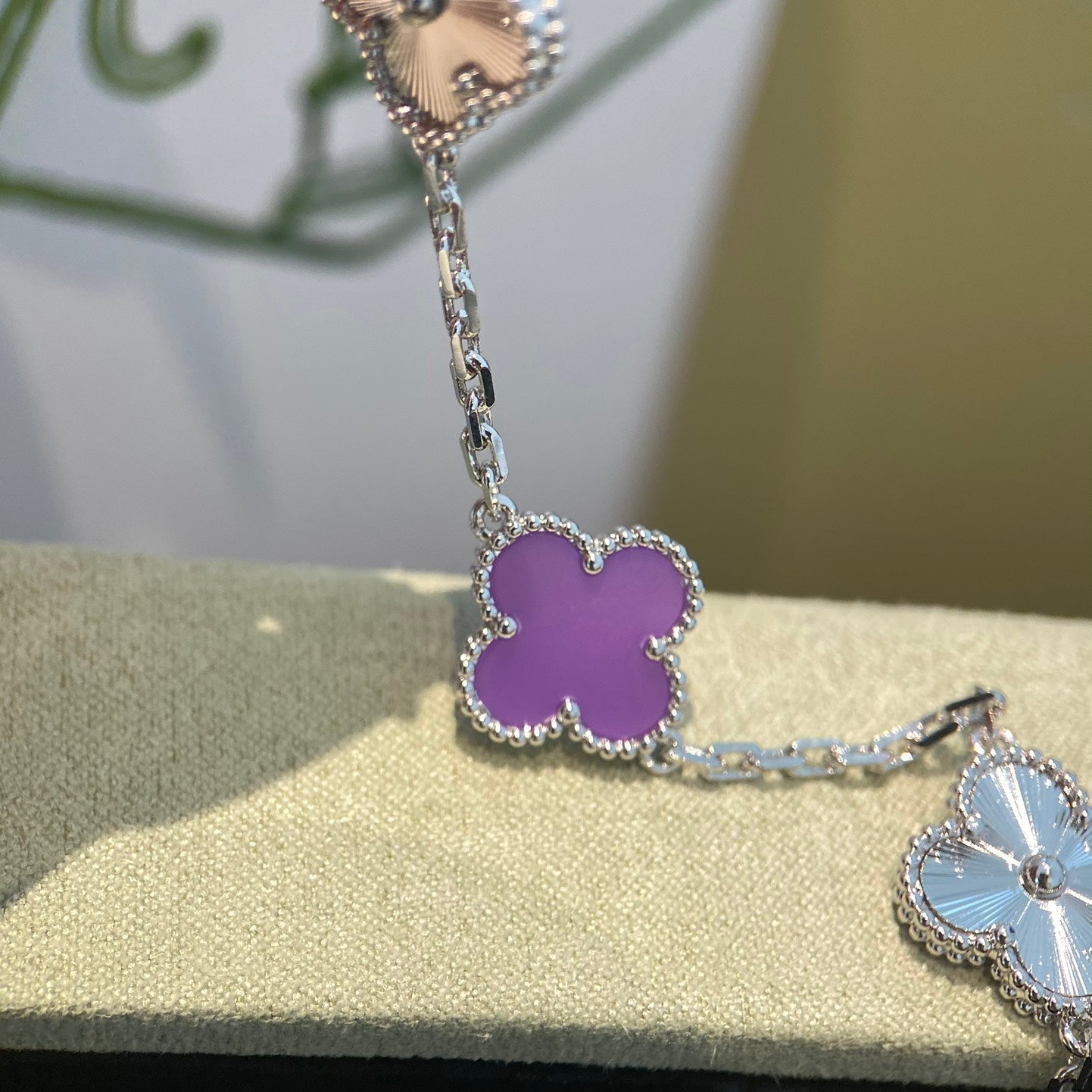 [✨ROSE✨]CLOVER  5 MOTIFS  PURPLE VIOLET BRACELET SILVER