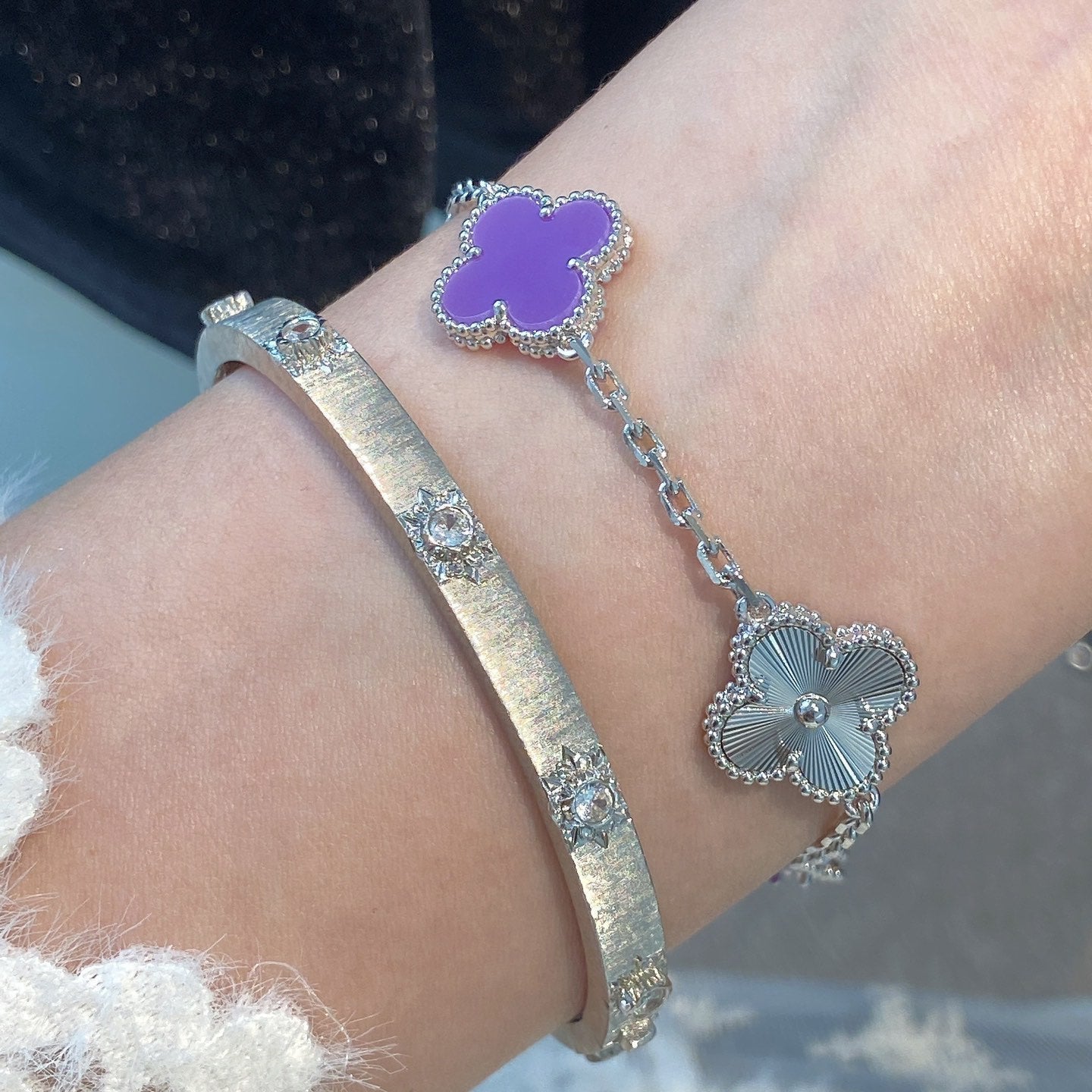 [✨ROSE✨]CLOVER  5 MOTIFS  PURPLE VIOLET BRACELET SILVER