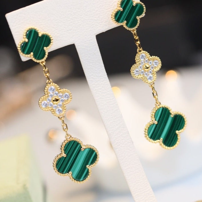 [✨ROSE✨]CLOVER EARRINGS GOLD MALACHITE DIAMOND 3 MOTIF