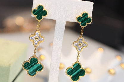 [✨ROSE✨]CLOVER EARRINGS GOLD MALACHITE DIAMOND 3 MOTIF