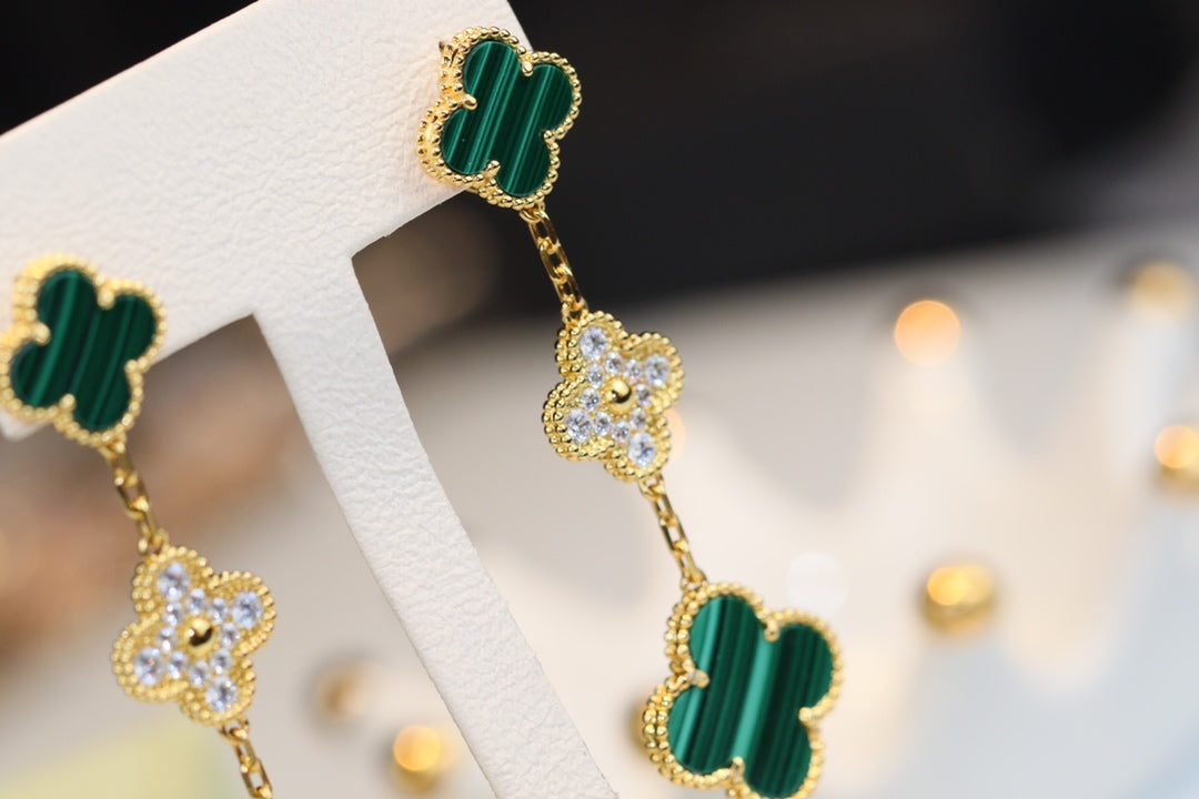 [✨ROSE✨]CLOVER EARRINGS GOLD MALACHITE DIAMOND 3 MOTIF