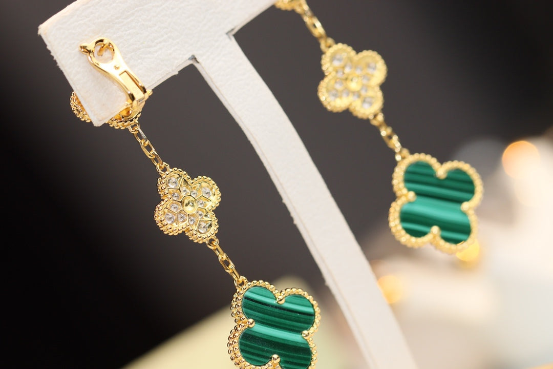 [✨ROSE✨]CLOVER EARRINGS GOLD MALACHITE DIAMOND 3 MOTIF