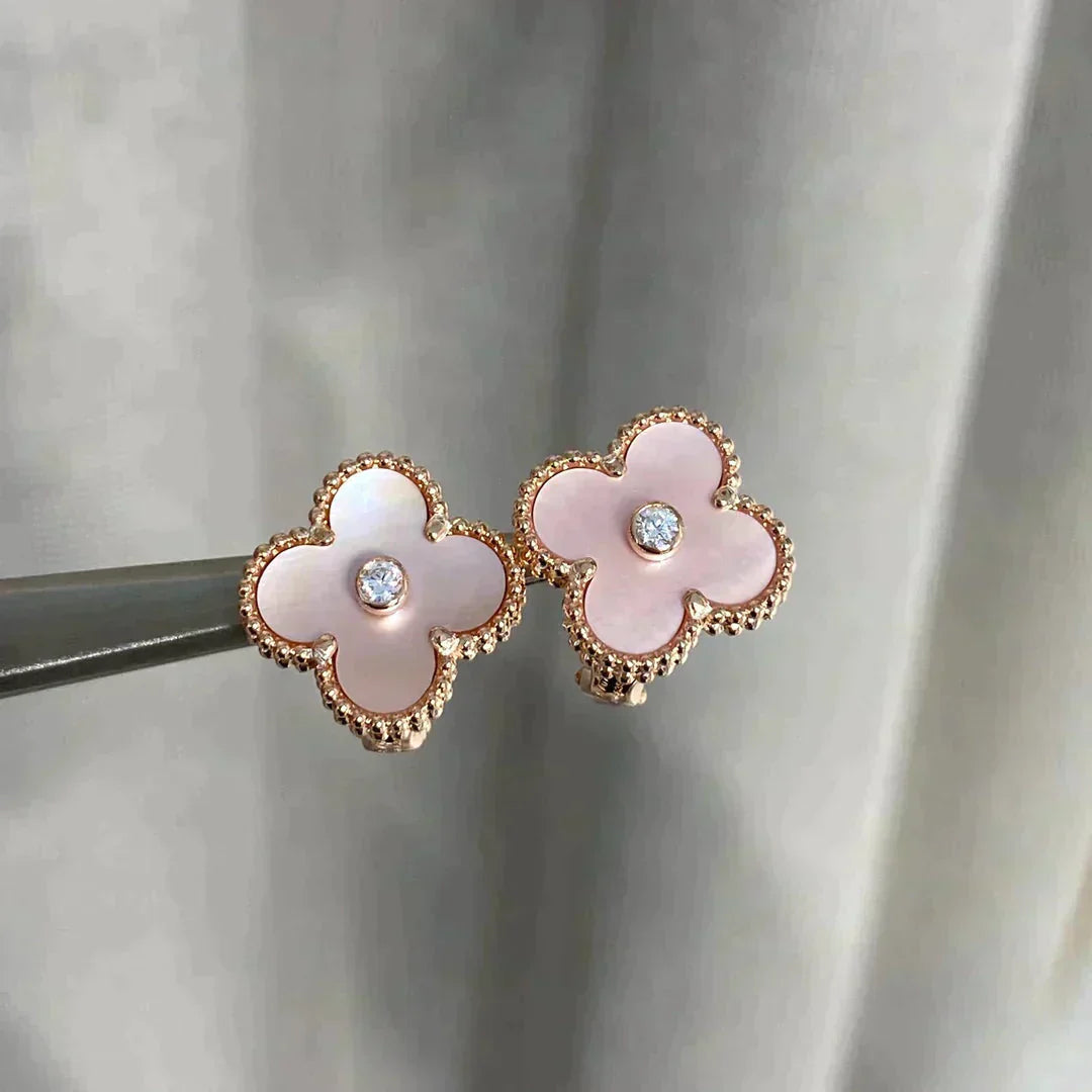 [✨ROSE✨]CLOVER MEDIUM 1 MOTIFS  PINK MOP DIAMOND EARRINGS