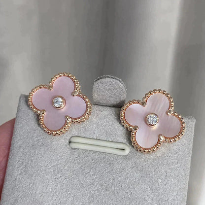 [✨ROSE✨]CLOVER MEDIUM 1 MOTIFS  PINK MOP DIAMOND EARRINGS
