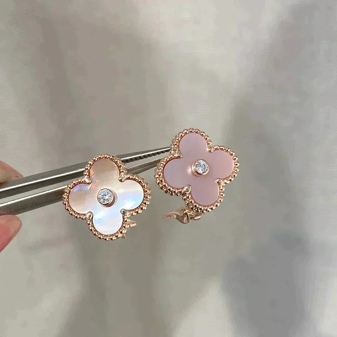 [✨ROSE✨]CLOVER MEDIUM 1 MOTIFS  PINK MOP DIAMOND EARRINGS
