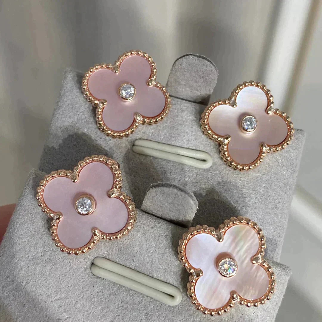 [✨ROSE✨]CLOVER MEDIUM 1 MOTIFS  PINK MOP DIAMOND EARRINGS
