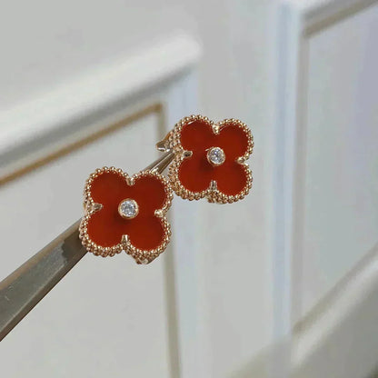 [✨ROSE✨]CLOVER MEDIUM 1 MOTIFS CARNELIAN  DIAMOND earrings