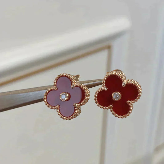 [✨ROSE✨]CLOVER MEDIUM 1 MOTIFS CARNELIAN  DIAMOND earrings