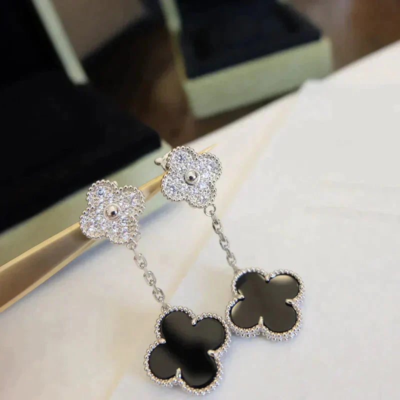 [✨ROSE✨]CLOVER 2 MOTIFS  DIAMOND ONYX EARRINGS SILVER