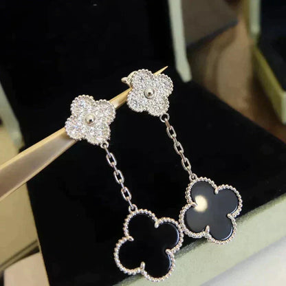 [✨ROSE✨]CLOVER 2 MOTIFS  DIAMOND ONYX EARRINGS SILVER