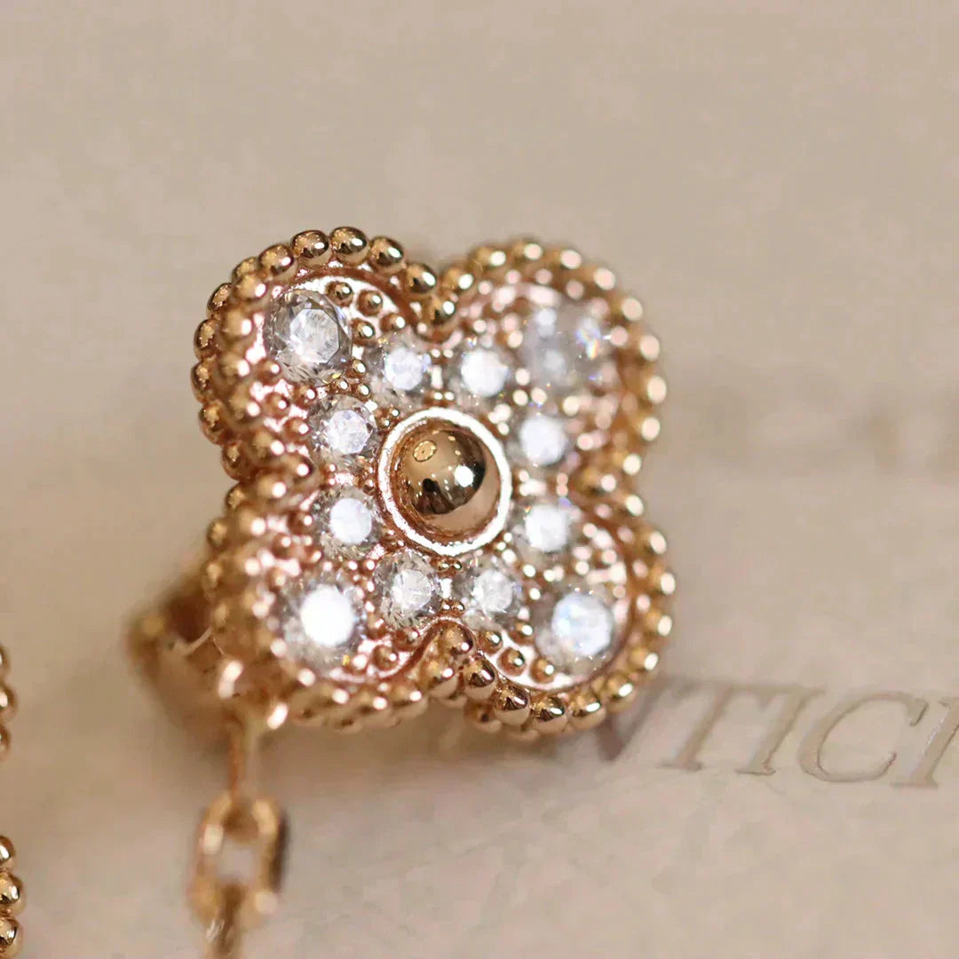 [✨ROSE✨]CLOVER MEDIUM 1 MOTIFS FUll DIAMOND EARRINGS
