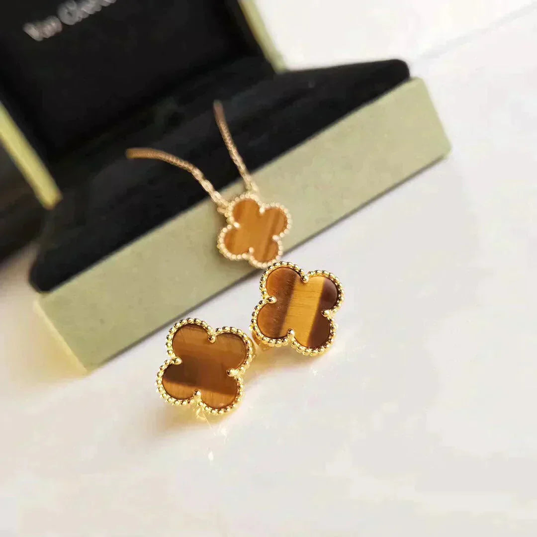 [✨ROSE✨]CLOVER MEDIUM 1 MOTIFS TIGER EYE EARRINGS
