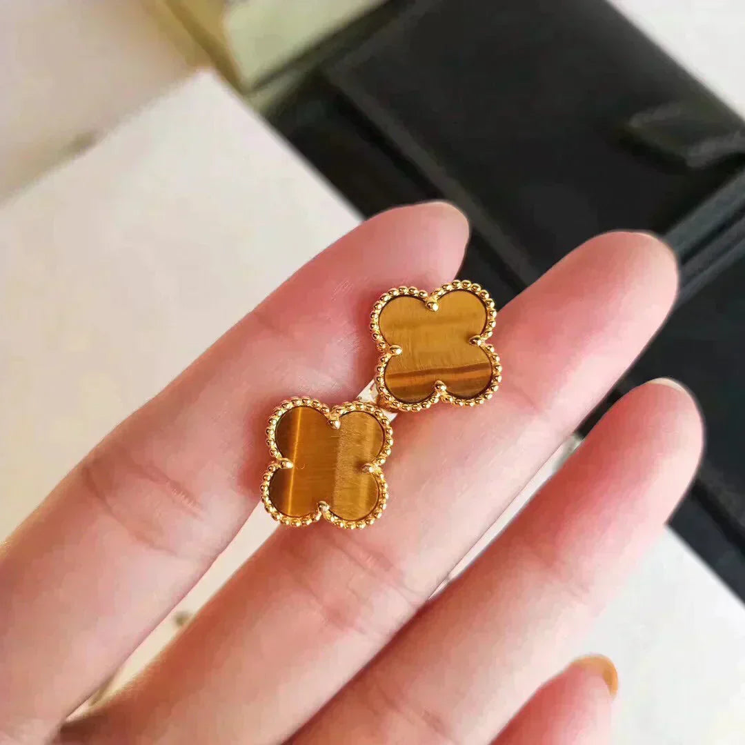 [✨ROSE✨]CLOVER MEDIUM 1 MOTIFS TIGER EYE EARRINGS