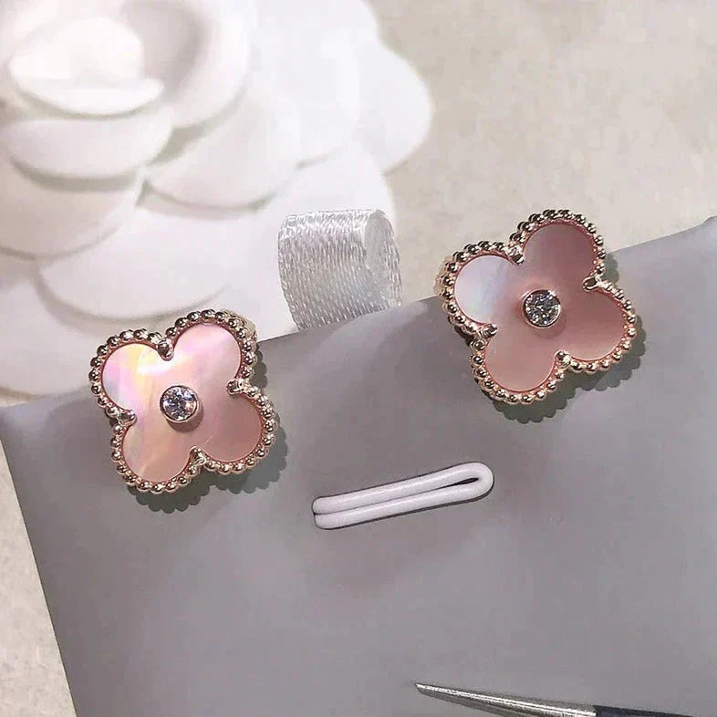 [✨ROSE✨]CLOVER MEDIUM 1 MOTIFS  PINK MOP DIAMOND EARRINGS