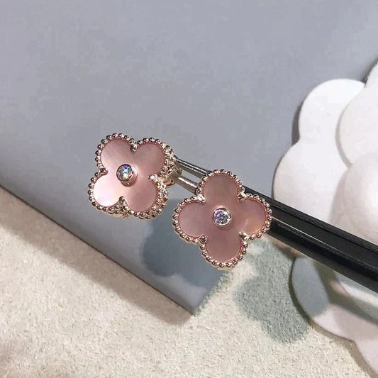 [✨ROSE✨]CLOVER MEDIUM 1 MOTIFS  PINK MOP DIAMOND EARRINGS