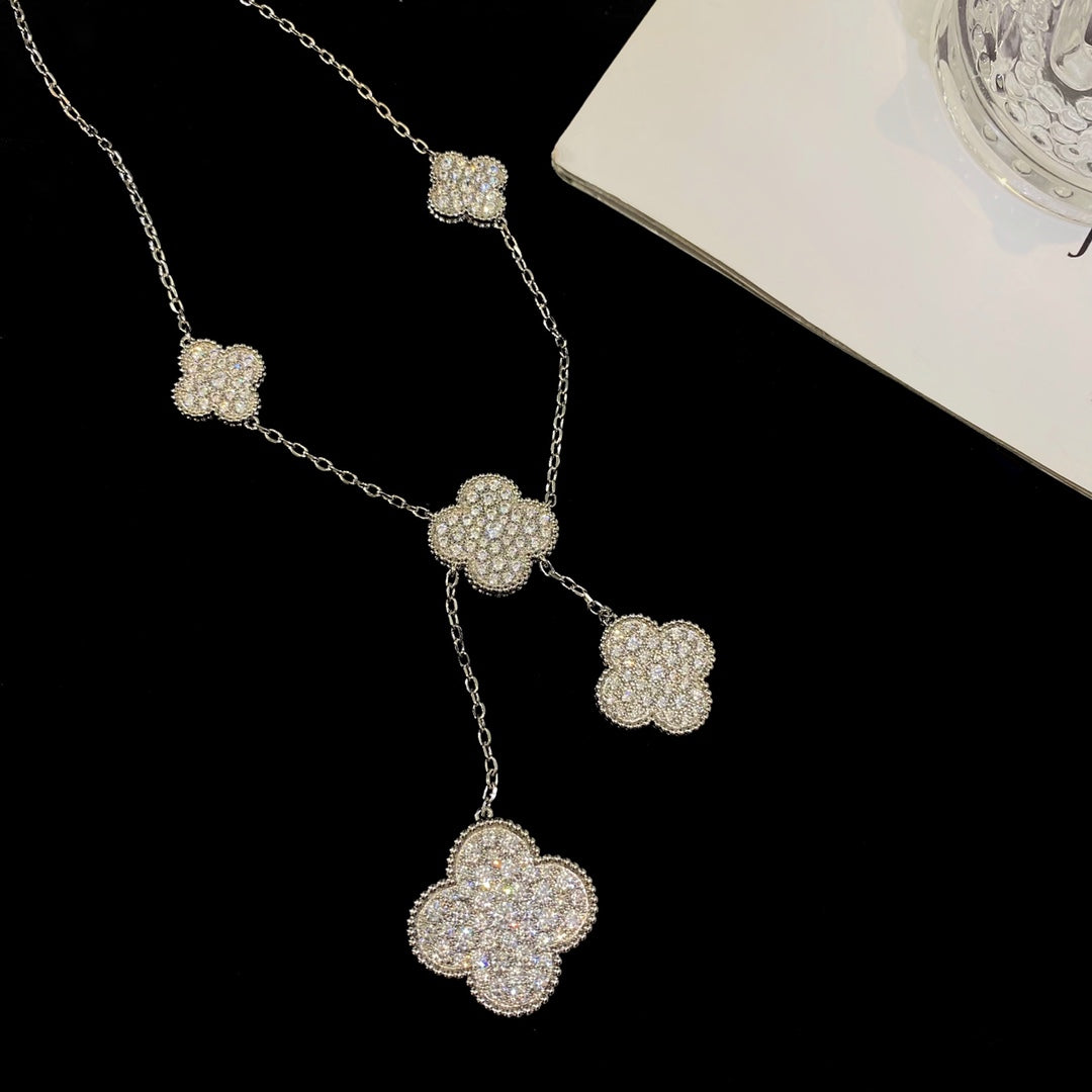 [✨ROSE✨]CLOVER 5 MOTIFS SILVER DIAMONDS NECKLACE