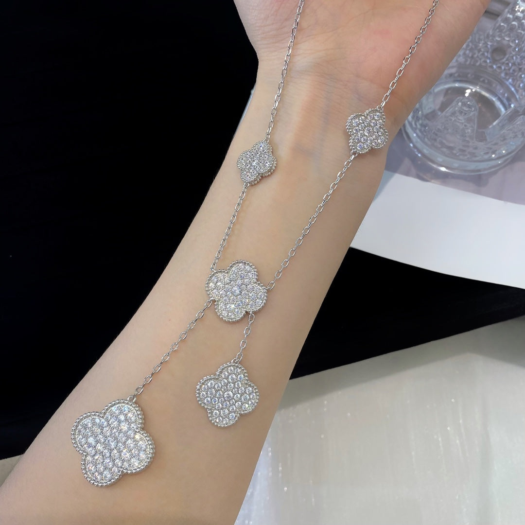 [✨ROSE✨]CLOVER 5 MOTIFS SILVER DIAMONDS NECKLACE