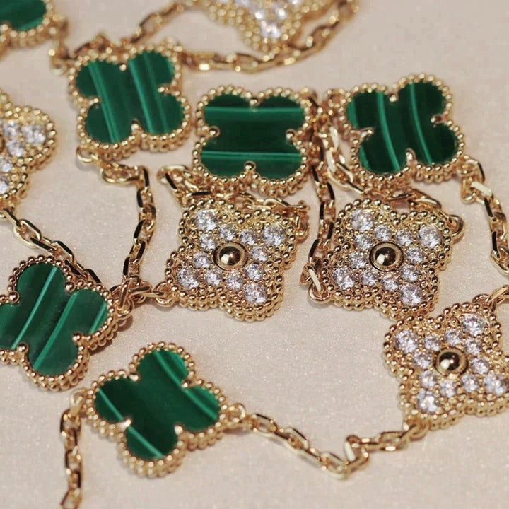 [✨ROSE✨]CLOVER 20 MOTIFS MALACHITE DIAMOND NECKLACE
