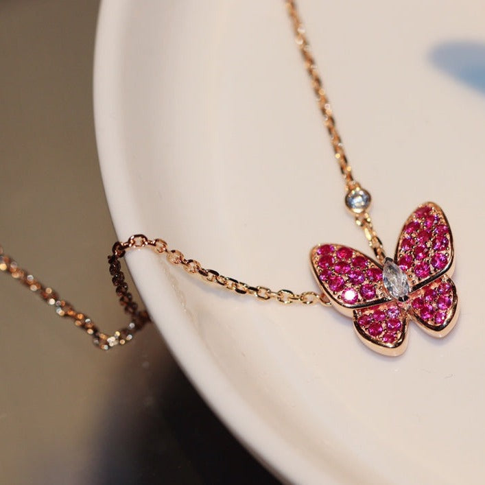[✨ROSE✨]BUTTERFLY RED DIAMOND ROSE GOLD NECKLACE