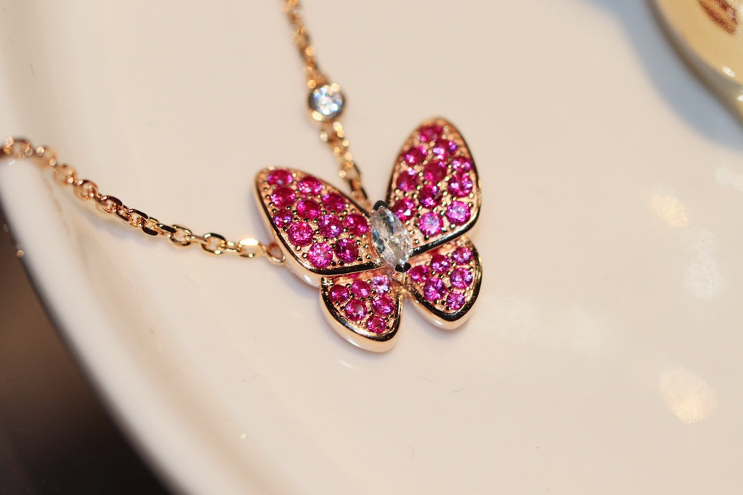 [✨ROSE✨]BUTTERFLY RED DIAMOND ROSE GOLD NECKLACE