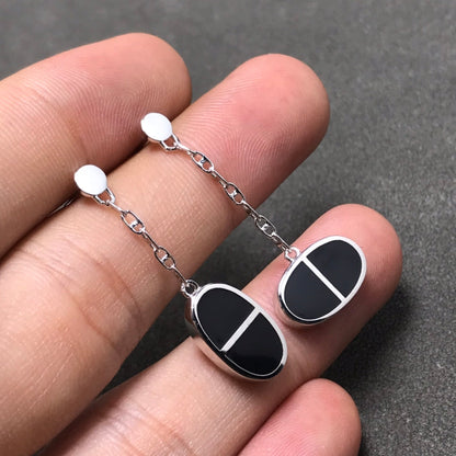 [✨ROSE✨]CHAINE VERSO BLACK CERAMIC SILVER EARRINGS