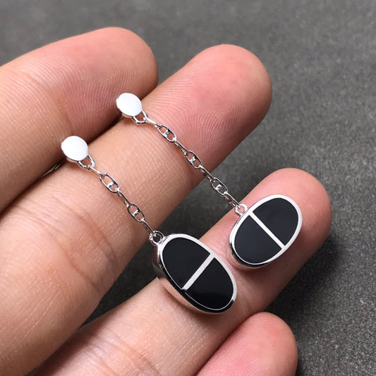 [✨ROSE✨]CHAINE VERSO BLACK CERAMIC SILVER EARRINGS