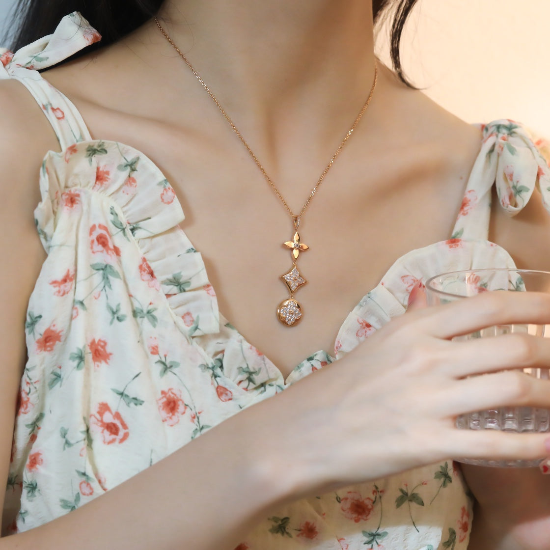 [✨ROSE✨]STAR AND SUN DIAMOND PINK GOLD NECKLACE