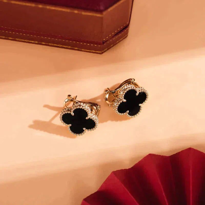 [✨ROSE✨]CLOVER MEDIUM 1 MOTIFS  ONYX STUD EARRINGS