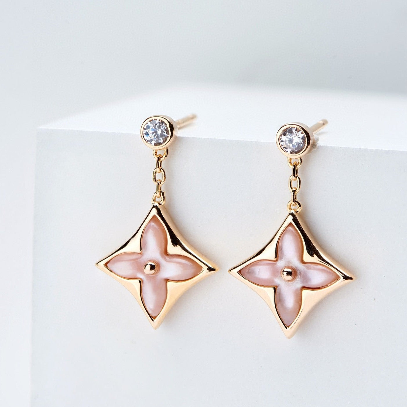 [✨ROSE✨]DOUBLE STAR PINK GOLD MOP DROP EARRINGS
