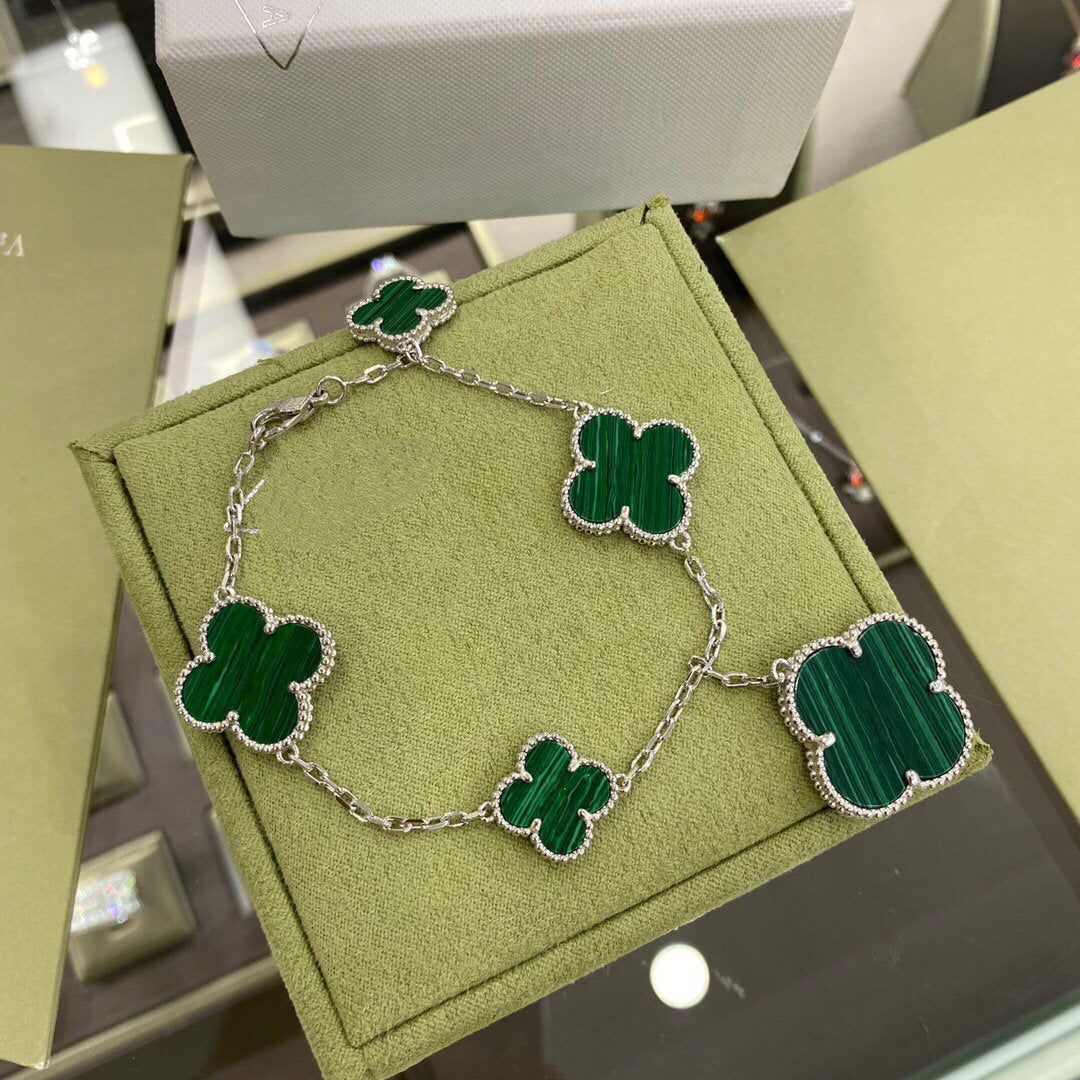 [✨ROSE✨]CLOVER 5 MOTIFS SIVLER MALACHITE BRACELET
