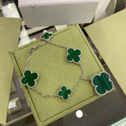 [✨ROSE✨]CLOVER 5 MOTIFS SIVLER MALACHITE BRACELET