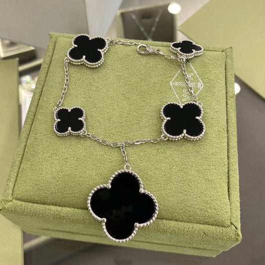 [✨ROSE✨]CLOVER 5 MOTIFS SIVLER ONYX BRACELET