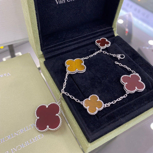 [✨ROSE✨]CLOVER 5 MOTIFS SIVLER CARNELIAN TIGER EYE BRACELET