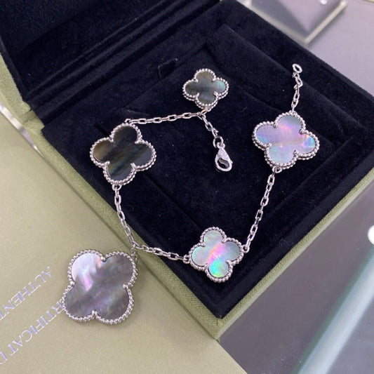 [✨ROSE✨]CLOVER 5 MOTIFS SIVLER DARK MOP BRACELET