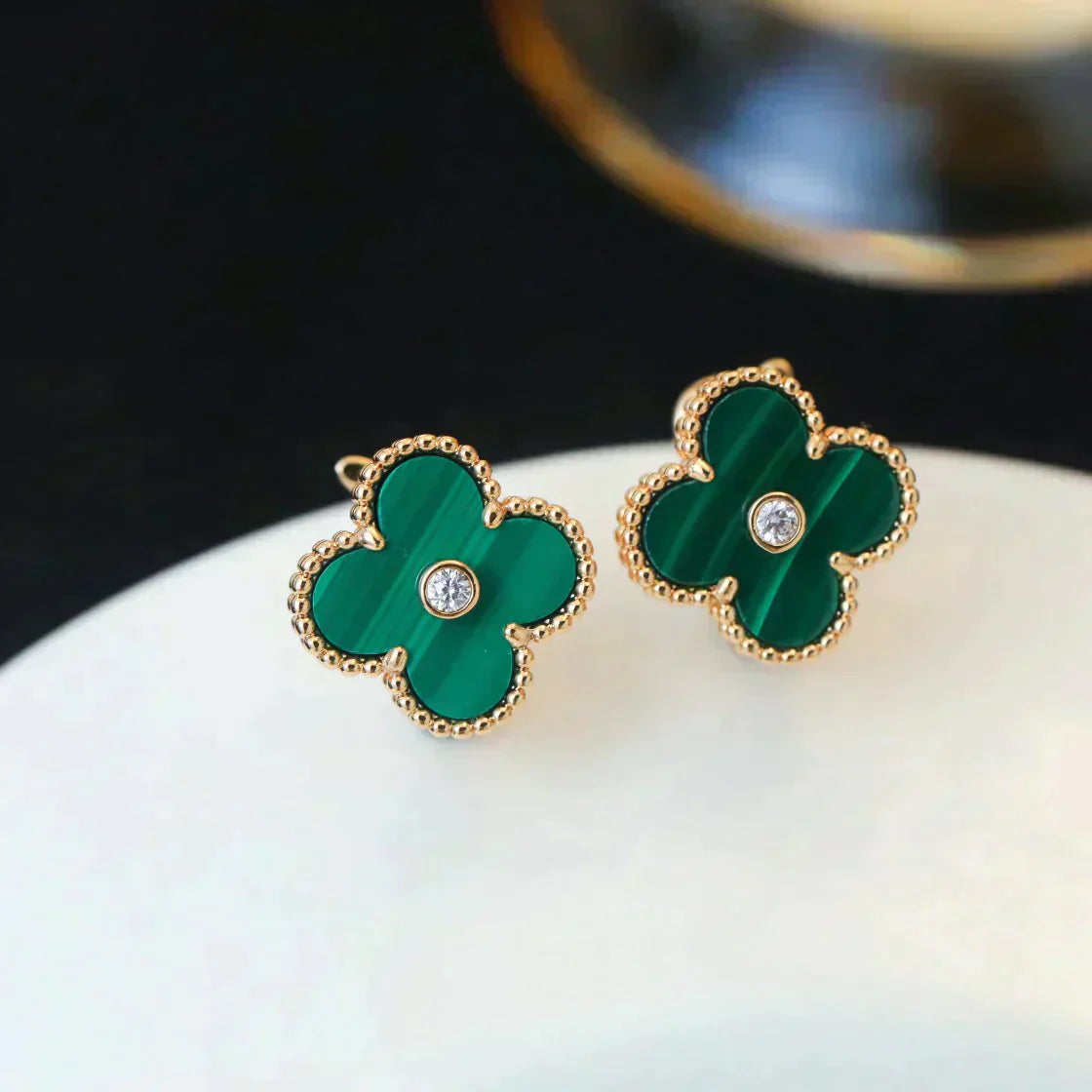 [✨ROSE✨]CLOVER MEDIUM 1 MOTIFS MALACHITE DIAMOND EARRINGS