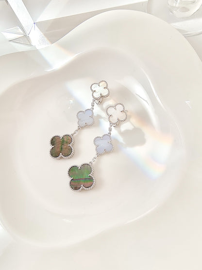 [✨ROSE✨]CLOVER 3 MOTIFS CHALCEDONY DARK MOP SILVER EARRINGS