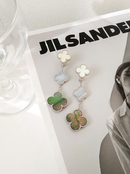 [✨ROSE✨]CLOVER 3 MOTIFS CHALCEDONY DARK MOP SILVER EARRINGS
