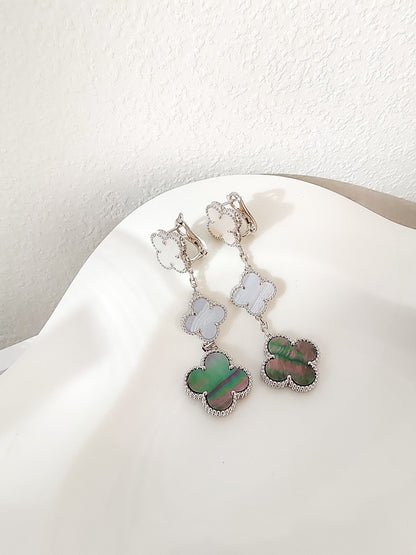 [✨ROSE✨]CLOVER 3 MOTIFS CHALCEDONY DARK MOP SILVER EARRINGS