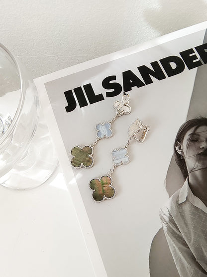 [✨ROSE✨]CLOVER 3 MOTIFS CHALCEDONY DARK MOP SILVER EARRINGS