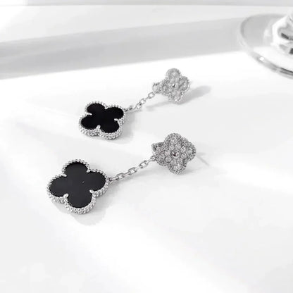 [✨ROSE✨]CLOVER 2 MOTIFS  DIAMOND ONYX EARRINGS SILVER