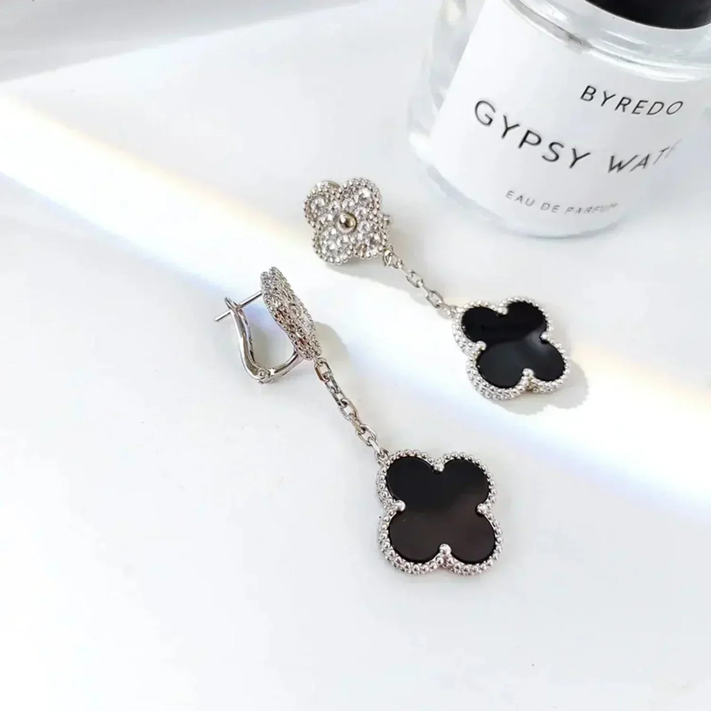 [✨ROSE✨]CLOVER 2 MOTIFS  DIAMOND ONYX EARRINGS SILVER
