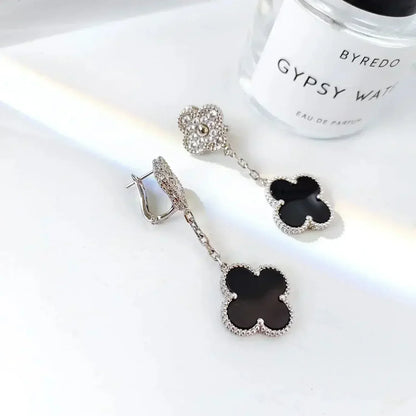 [✨ROSE✨]CLOVER 2 MOTIFS  DIAMOND ONYX EARRINGS SILVER