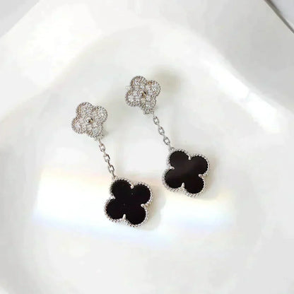[✨ROSE✨]CLOVER 2 MOTIFS  DIAMOND ONYX EARRINGS SILVER